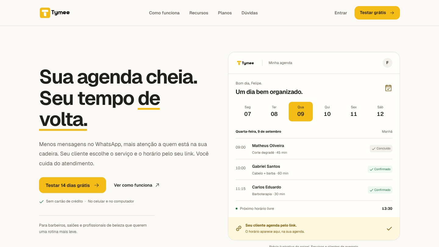 Página pública do Tymee em tema claro, com apresentação do produto e prévia ilustrativa da agenda.