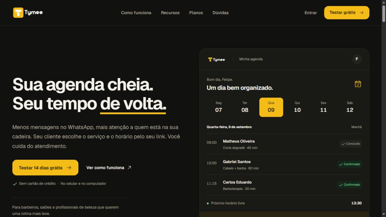 Tymee public website showing its product introduction and a yellow-and-black demonstration schedule.