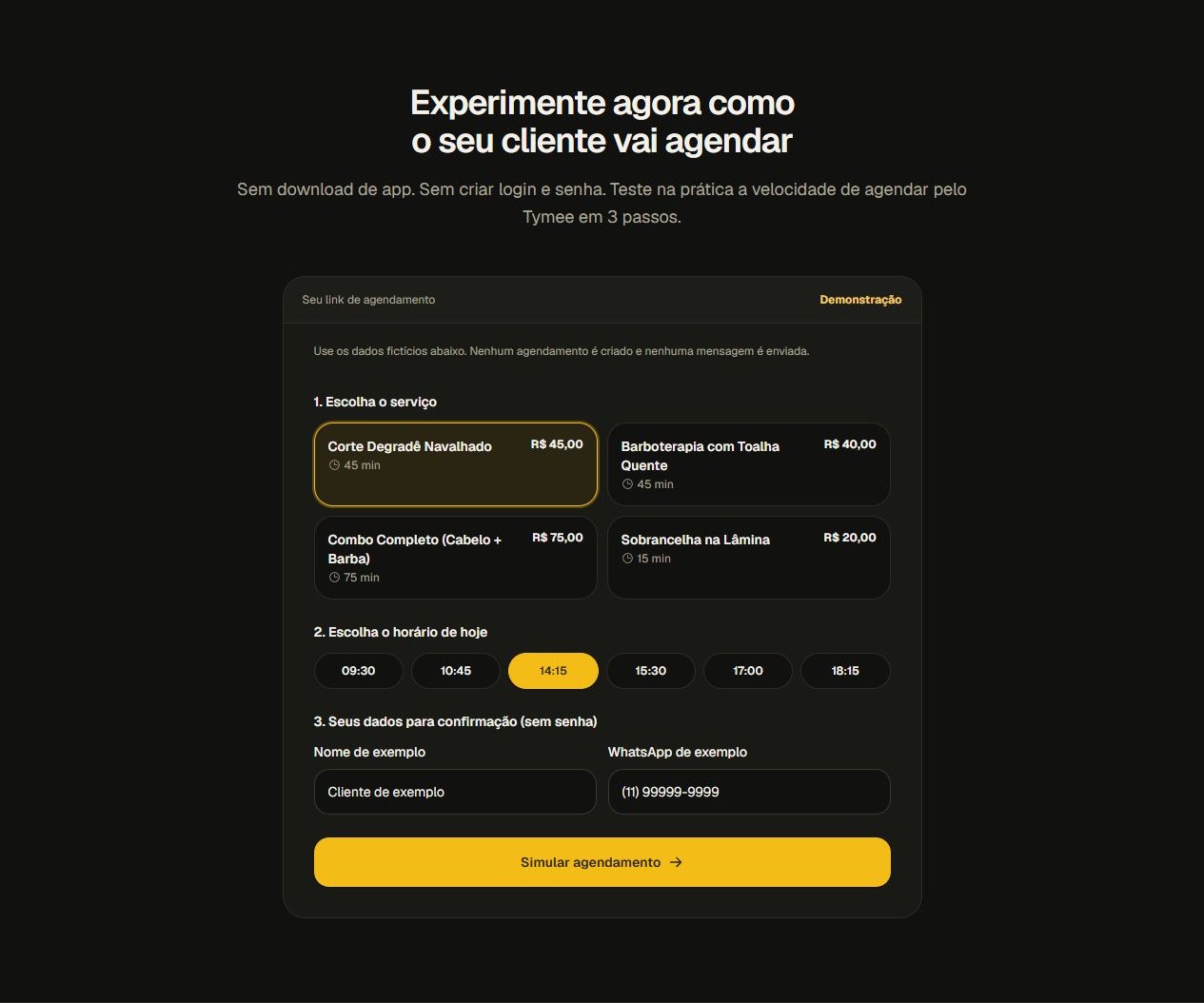 Simulador público do Tymee com seleção de serviços, horários e dados fictícios para uma reserva.